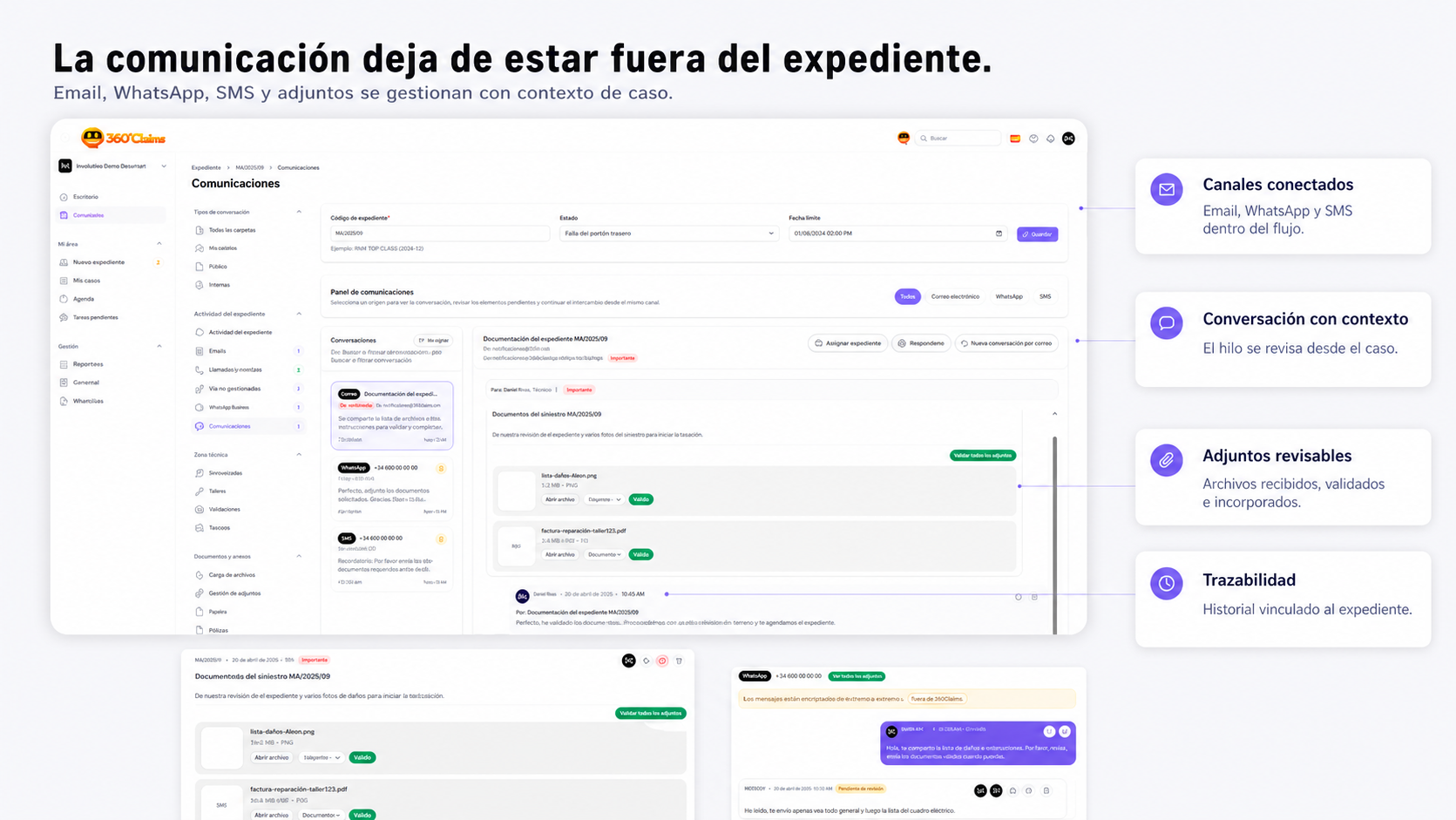 Comunicaciones y adjuntos dentro del expediente en 360Claims